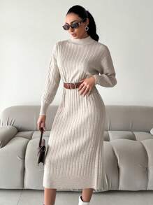 EURMUSE Women's Turtleneck Solid Color Drop Shoulder Ribbed Knit Sweater Dress, No Belt - Beige - View 3