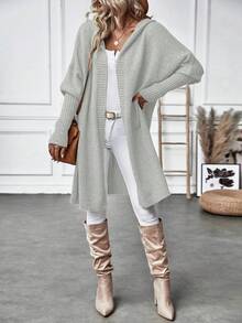 SHEIN Essnce Batwing Sleeve Hooded Duster Cardigan - Grey - View 5
