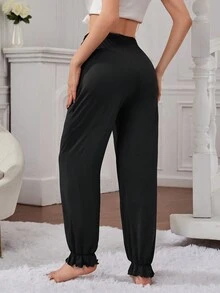 素色荷葉邊睡褲 - 黑色 - 查看 3