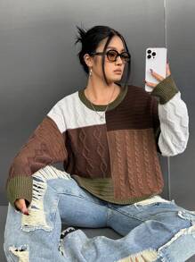 SHEIN EZwear 大碼撞色麻花編織落肩袖套頭毛衣 - 彩色 - 查看 6