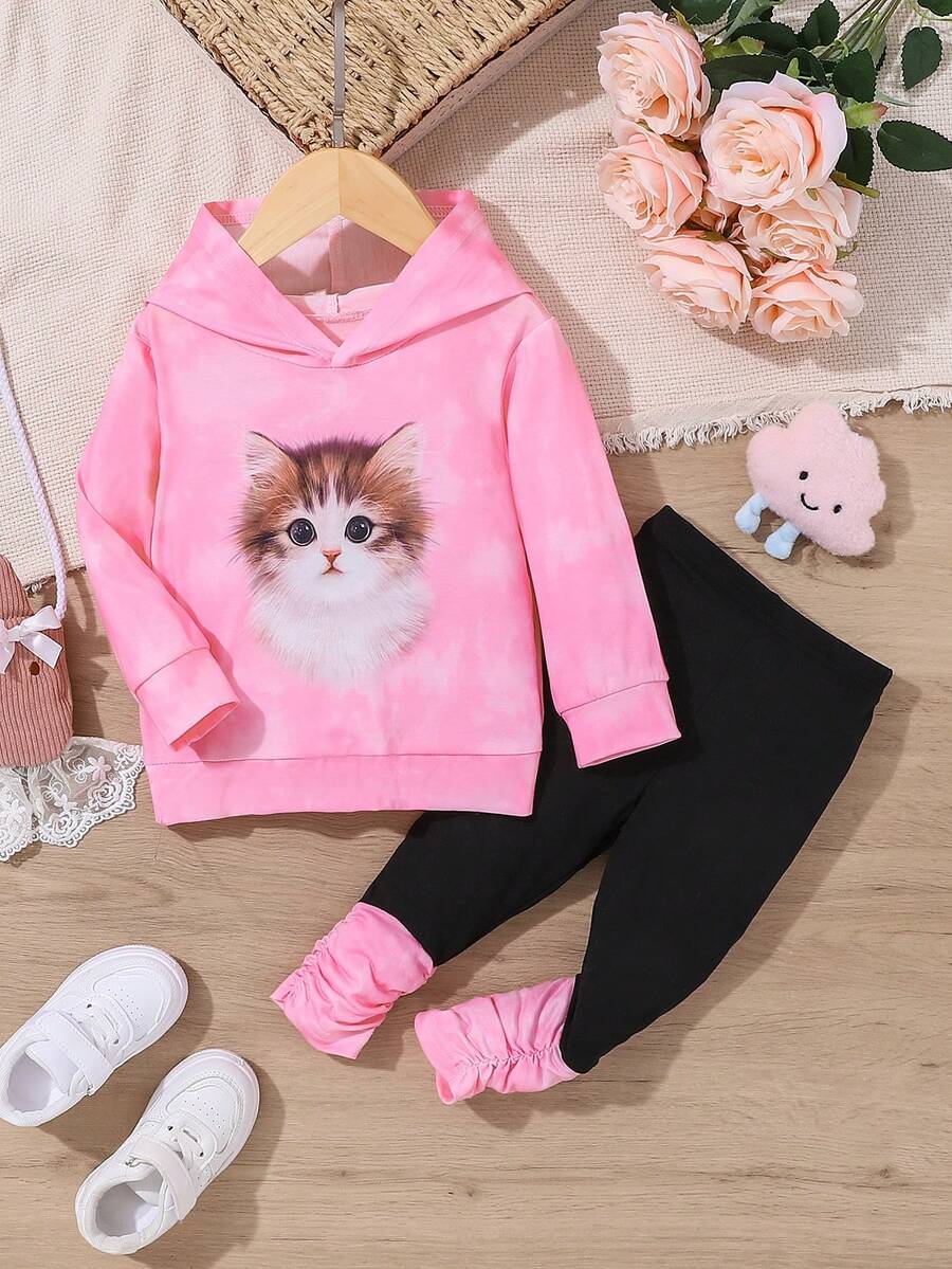 SHEIN 女嬰貓印花連帽衫&抽褶下擺長褲 - 彩色 - 查看 1