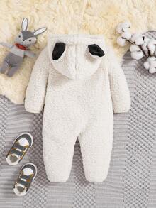 SHEIN Đứa bé trai Thêu Hoạt hình Thiết kế tai 3D áo có mũ Dây kéo mặt trước Teddy Áo liền quần - Màu be - Xem 2