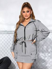 SHEIN SXY 拉鏈開襟抽繩短夾克&半身裙 - 灰色 - 查看 6
