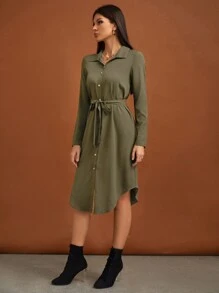 SHEIN Tall Solid Button Front Belted Shirt Dress - Army Green - View 5