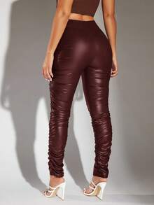 SHEIN BAE PU Leather Stacked Pants - Burgundy - View 2