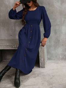 SHEIN Clasi 素色前紐扣A字洋裝 - 寶藍色 - 查看 3