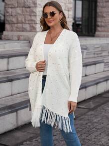 SHEIN Clasi Hơn Ngọc trai đính cườm Fringe Hem Thả vai Áo len Duster - trắng - Xem 1