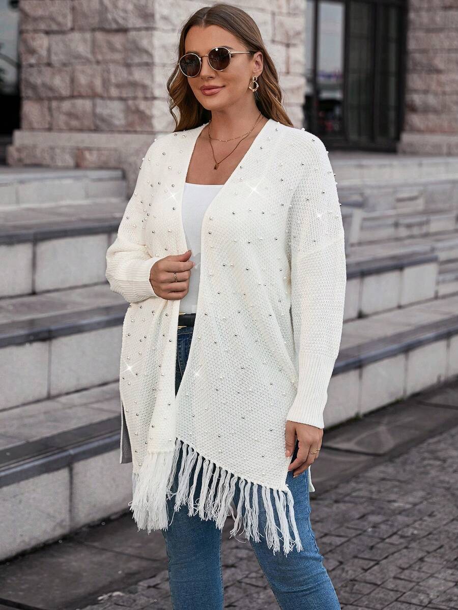 SHEIN Clasi Hơn Ngọc trai đính cườm Fringe Hem Thả vai Áo len Duster - trắng - Xem 1