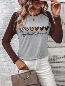 SHEIN EZwear Đồ họa trái tim & khẩu hiệu Tay Raglan Áo thun - màu nâu - Xem 4