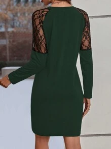 SHEIN LUNE Ren Nối Tay Raglan Đầm - Màu xanh lá cây đậm - Xem 2