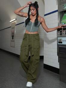 Pantalones cargo unicolor con cinturón - Verde militar - Ver 6