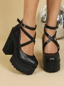 Fall/Winter Newest Women's High-Heeled Pumps, Low Vamp Round Toe Cross-Belt Buckle, 13cm Waterproof Platform, High-Heeled Chunky Pumps, Fashionable Pumps,Sexy,Mary Janes,Party Outfits - Black - View 5