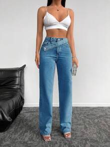 EURMUSE High Waist Straight Leg Jeans - Medium Wash - View 4