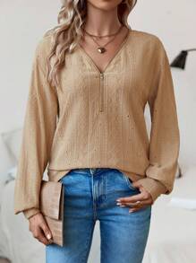 SHEIN LUNE Eyelet Embroidery Half Zip Drop Shoulder Sweatshirt - Khaki - View 1