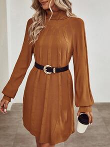SHEIN Privé Turtleneck Raglan Sleeve Sweater Dress Without Belt - Rust Brown - View 4