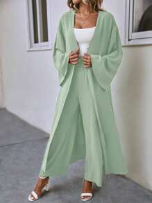 SHEIN LUNE Solid Open Front Coat & Wide Leg Pants - Green - View 4
