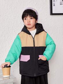 SHEIN Young Boy Colorblock Zip Up Hooded Padded Coat,In Fall/Winter - Black - View 3