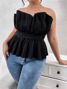 SHEIN Privé Plus Plisse Peplum Tube Top - Black - View 5
