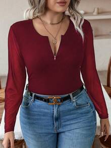 Celure Plus Contrast Mesh Zipper Front Tee - Burgundy - View 5