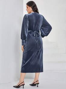 Modelyn Plus Lantern Sleeve Belted Velvet Dress - Dusty Blue - View 2