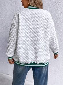 Allurite 大碼字母刺繡條紋飾邊落肩袖飛行員夾克 - 白色 - 查看 3