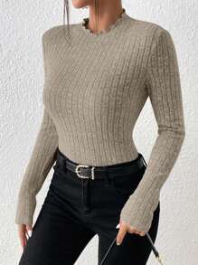 SHEIN Frenchy Cổ giả Đồ đan Ribbed Textured Chất vải Áo thun - Màu be - Xem 5