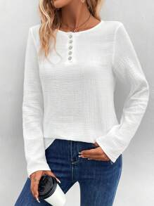 Ellegaria. Women's Fashion Button Collar Solid Color Long Sleeve Casual Shirt - White - View 6