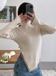 DAZY 女士纯色立领不对称下摆休闲商务毛衣，秋季，长袖上衣 - 杏色 - 查看 5