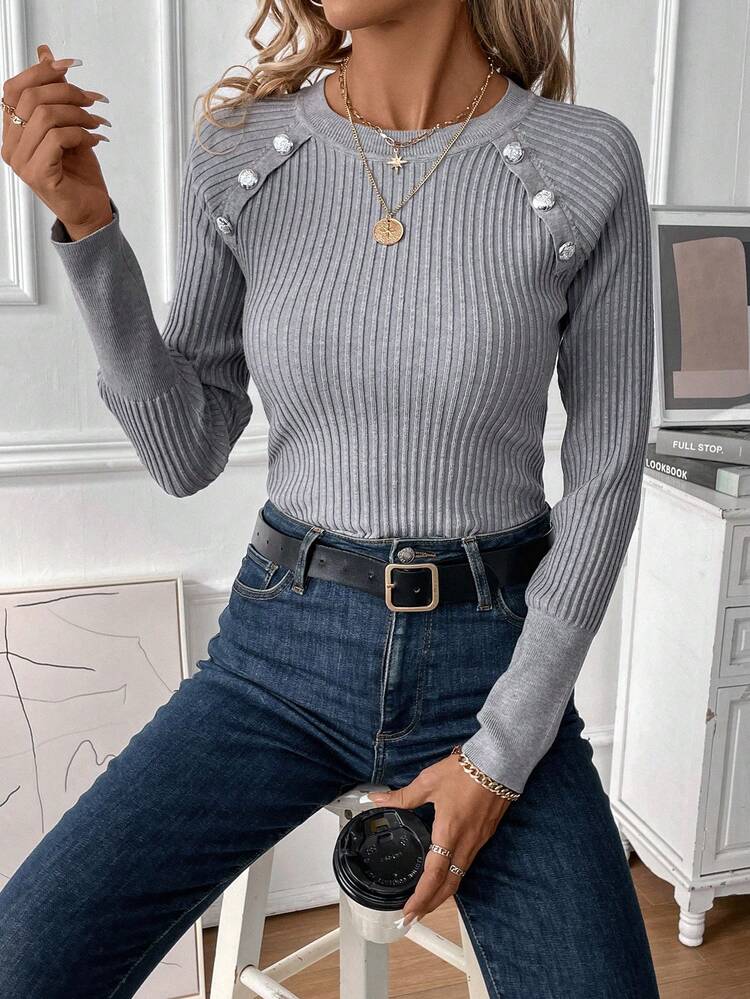 Button Detail Raglan Sleeve Sweater