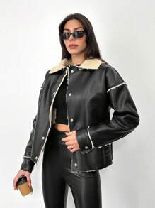 EURMUSE Teddy Lined PU Leather Jacket - Black - View 5