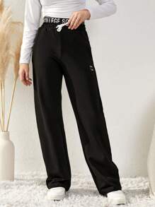 RueChic Teen Girl Letter Graphic Drawstring Waist Straight Leg Pants - Black - View 1
