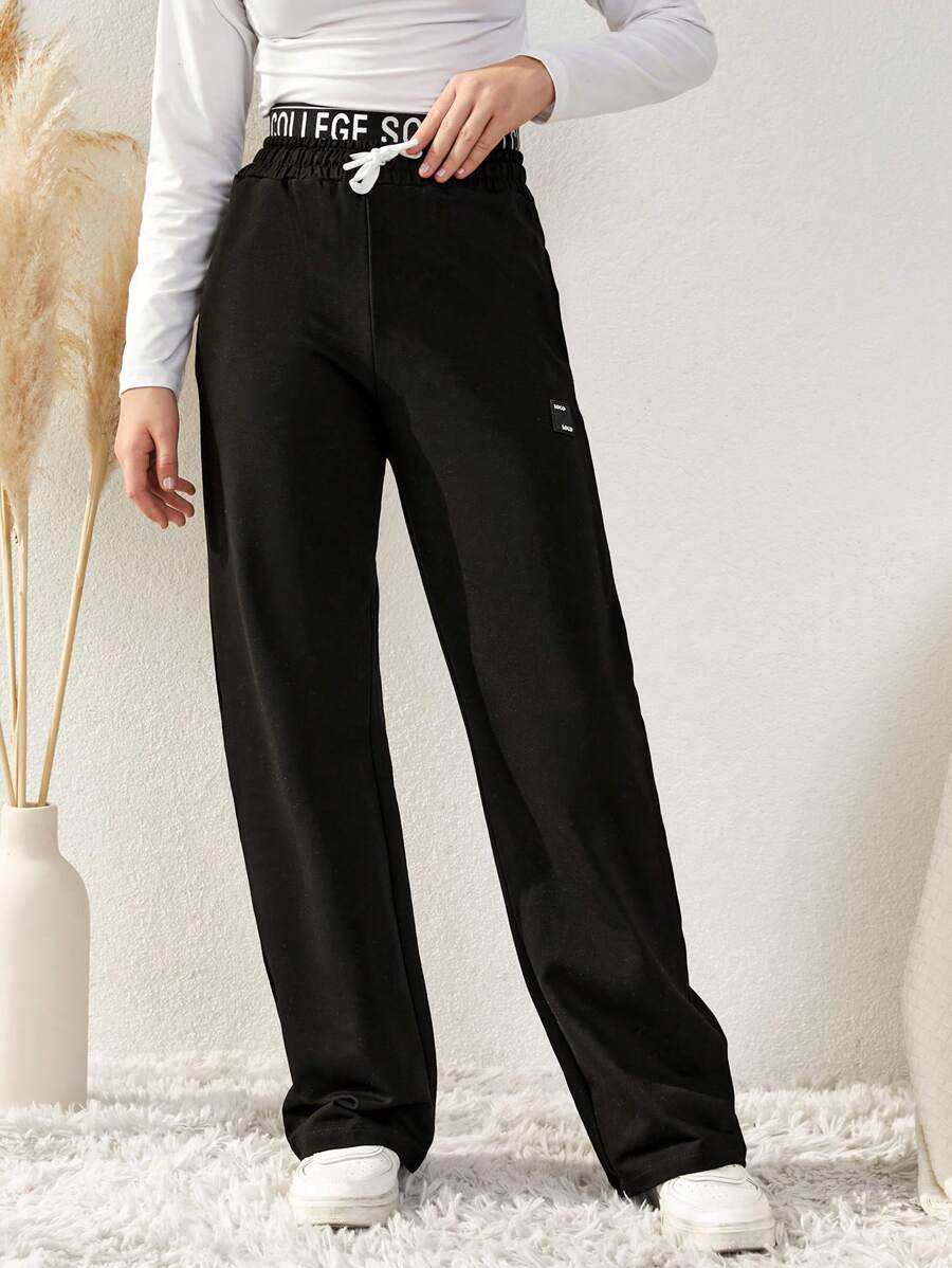 RueChic Teen Girl Letter Graphic Drawstring Waist Straight Leg Pants - Black - View 1