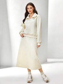 Mulvari Letter Patched Detail Drop Shoulder Sweatshirt & Skirt 2 Piece Set