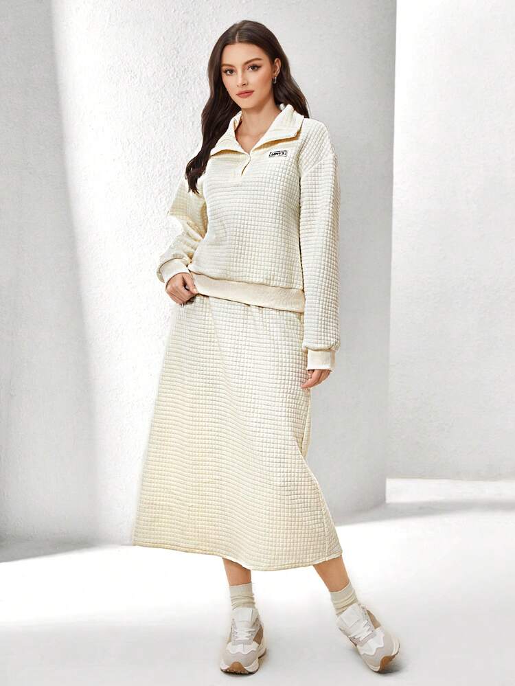 Letter Patched Detail Drop Shoulder Sweatshirt & Skirt 2 Piece Set