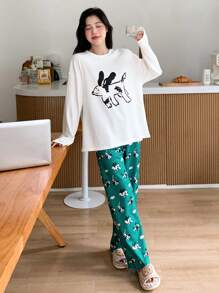 DAZY Cartoon Graphic Drop Shoulder Tee & Pants Lounge Set - White - View 3