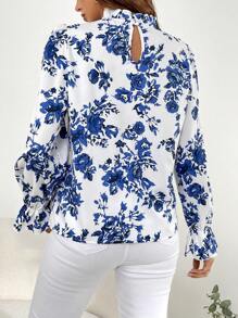 SHEIN Clasi Floral Print Flounce Sleeve Mock Neck Blouse - Royal Blue - View 2