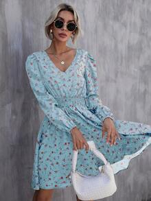 SHEIN Clasi 波西米亞打褶小碎花女士連衣裙 - 淺藍色 - 查看 4