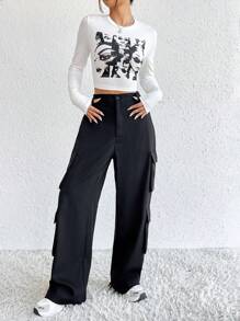 SHEIN EZwear Đồ họa Hình Áo thun & Túi nắp bên cạnh Quần Cargo - màu đen - Xem 5
