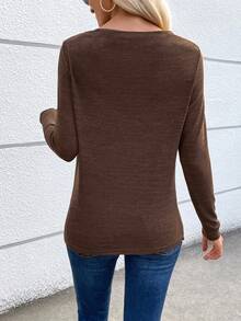 SHEIN Essnce Solid Boat Neck Plicated Detail Tee - Coffee Brown - View 2