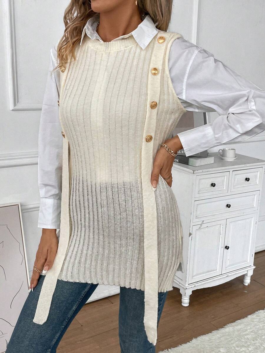 SHEIN Essnce Button Detail Sweater Vest Without Blouse - Apricot - View 1