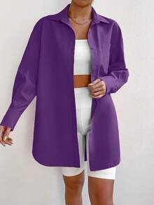 SHEIN EZwear Chất rắn Nút phía trước Vá Túi Áo sơ mi - Màu tím - Xem 5