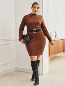 BizChic 大碼素色小高領緊身洋裝不附腰帶 - 棕色 - 查看 4