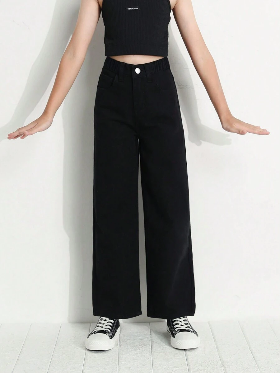 SHEIN Tween Girl Y2K Street Daily Elastic Waist Straight Jeans With Flat Pockets, Daily - Black - View 1