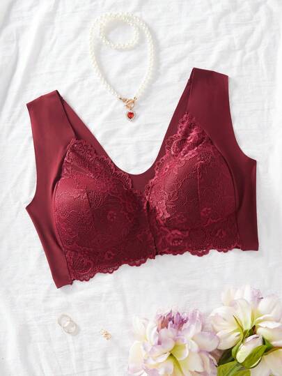 Women's Red Lace Wireless Bra Fantasy Elegant Scallop Detail Comfortable Slight Stretch Lingerie Plain Plants Pattern