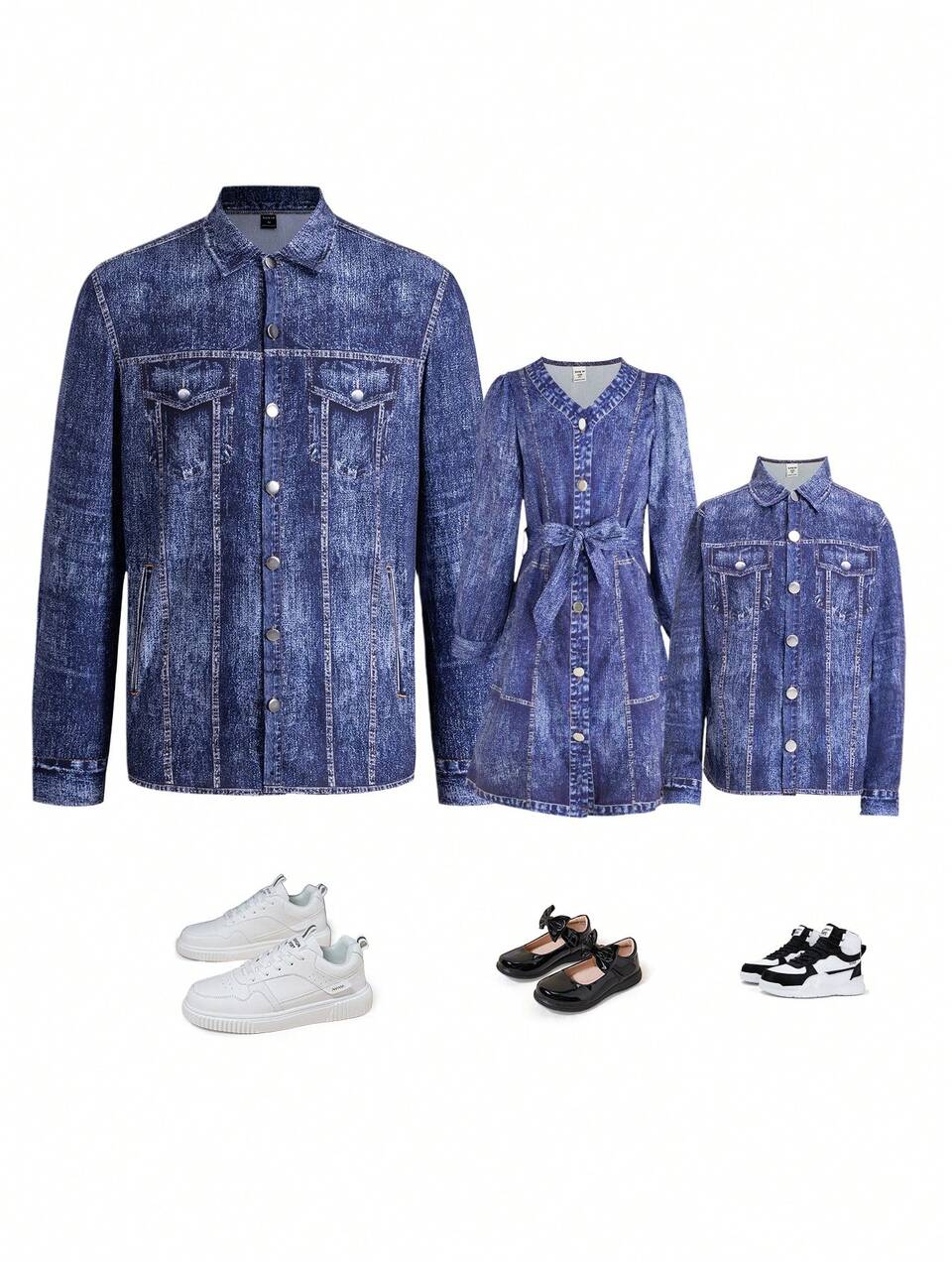 Tween Girl Button Through Belted Denim-Effect Print Dress