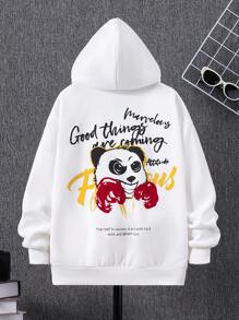 SHEIN Tween Boy Panda & Slogan Graphic Drop Shoulder Zip Up Thermal Hoodie