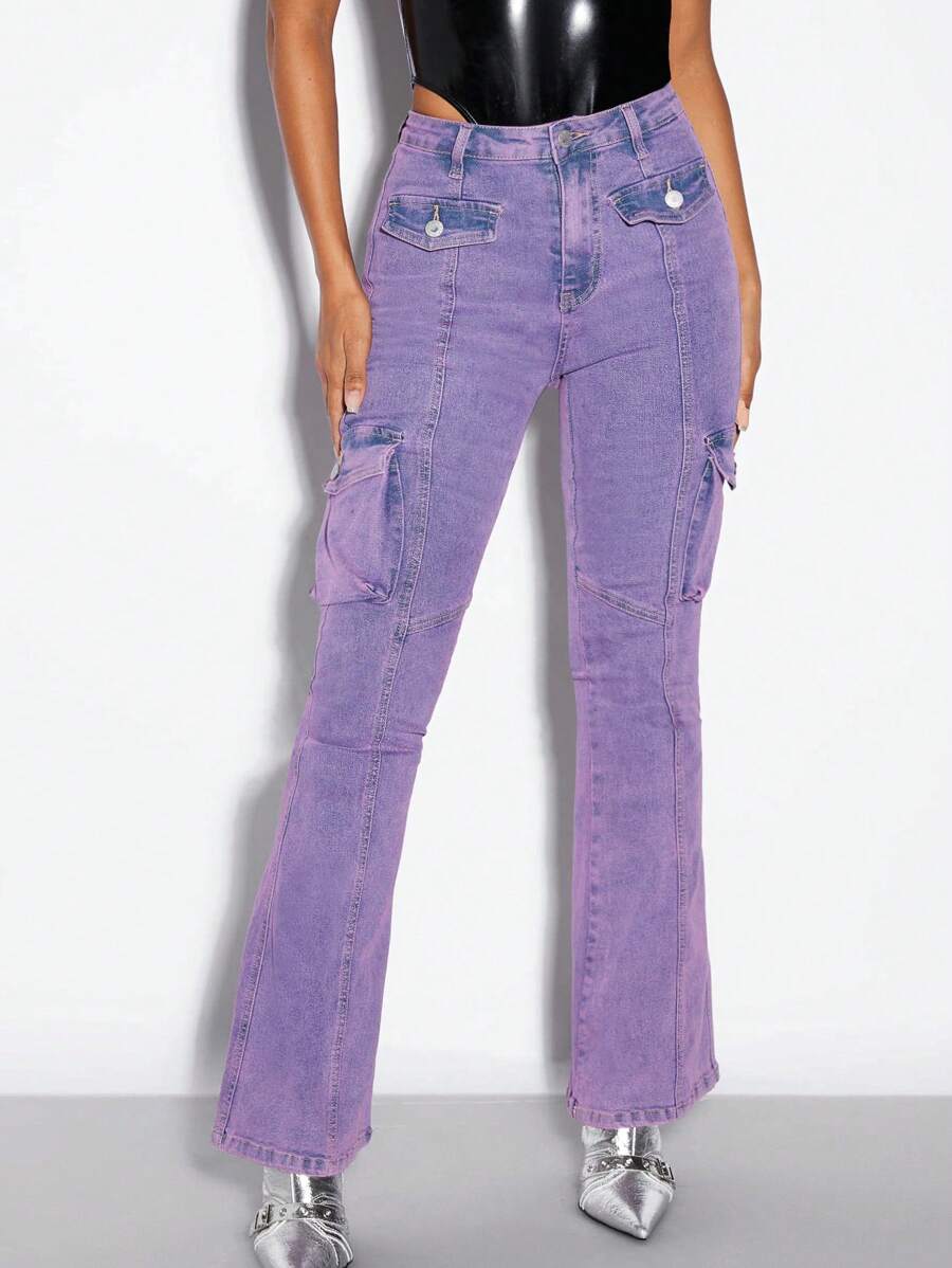 SHEIN BAE Cargo Jeans mit seitlichen Pattentaschen, ausgestelltem Beinschnitt, - Pink - Übersicht 1