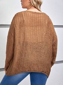 SHEIN EZwear 大碼落肩袖破洞套頭毛衣 - 卡其色 - 查看 2