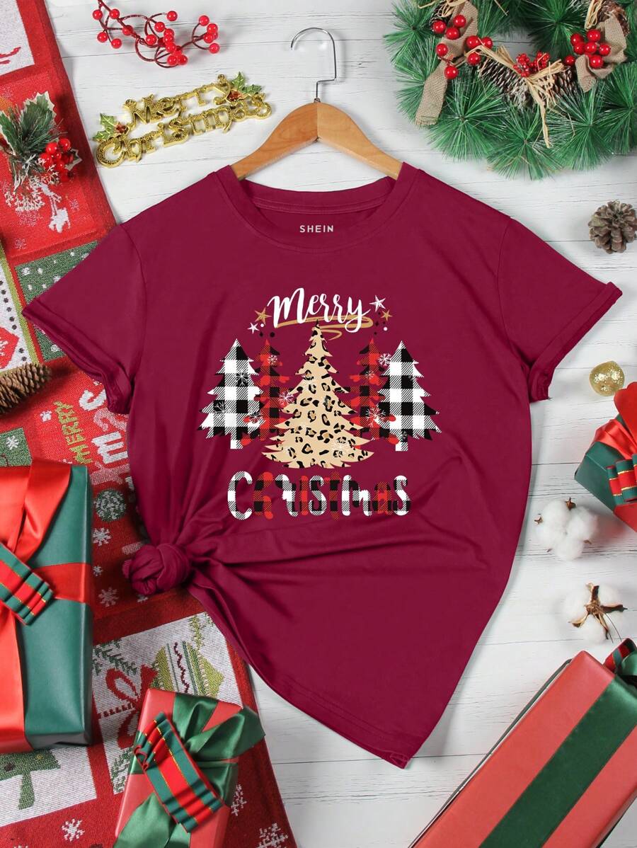 SHEIN EZwear Đồ họa cây thông Noel và khẩu hiệu Áo thun - Màu Đỏ Sâu - Xem 1