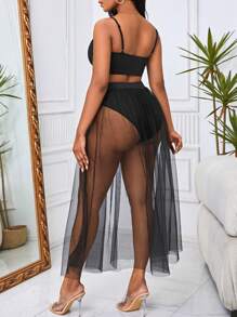 SHEIN SXY 素色吊帶短上衣和網紗覆蓋半身裙 - 黑色 - 查看 2